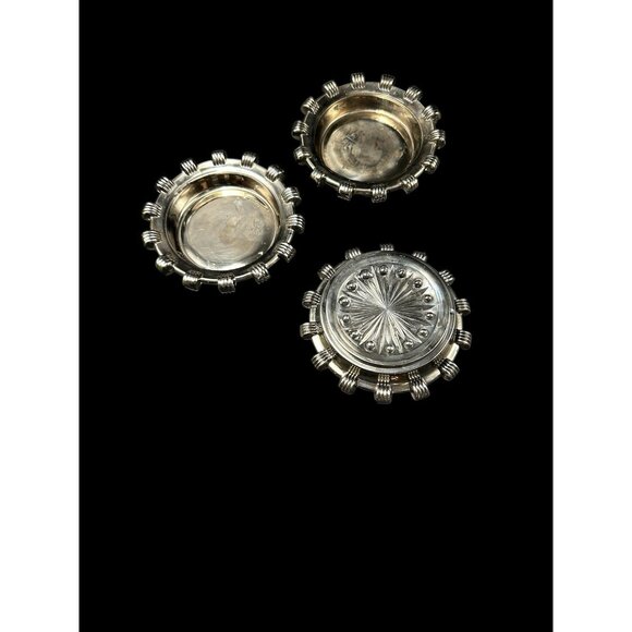 Set 3 Vintage Silver Tone Chainlink Trim Ashtray Glass Metal Rim 3"  Industrial - Picture 8 of 11